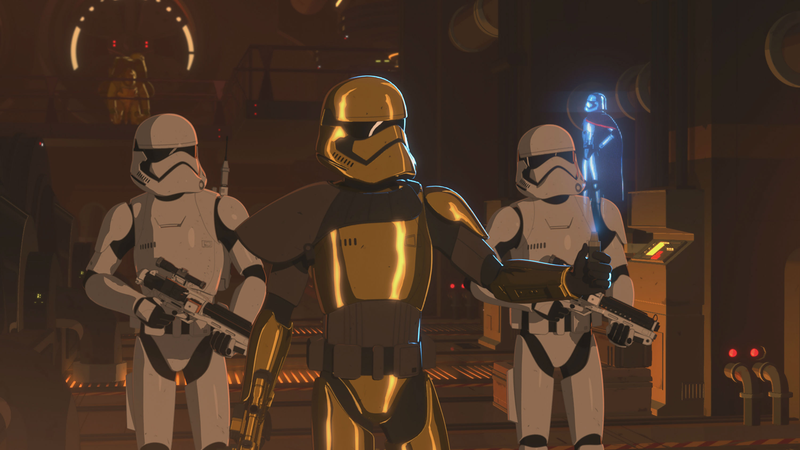 Commander Pyre talking to Captain Phasma, they both have metallic trooper outfits.